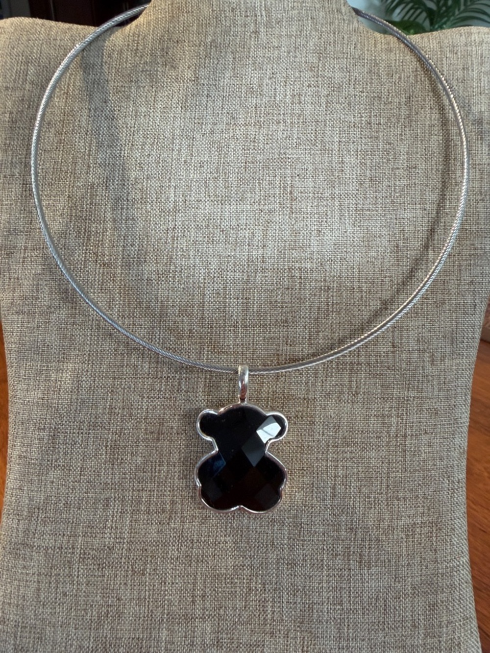 Tous Silver Choker with Black Faceted Bear Pendant